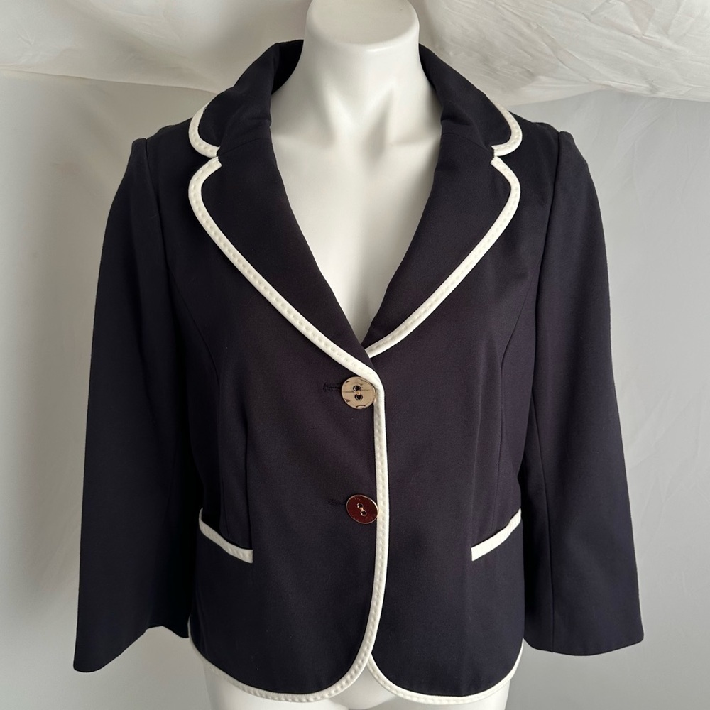 Ann Taylor navy blue two button blazer with white piping 12